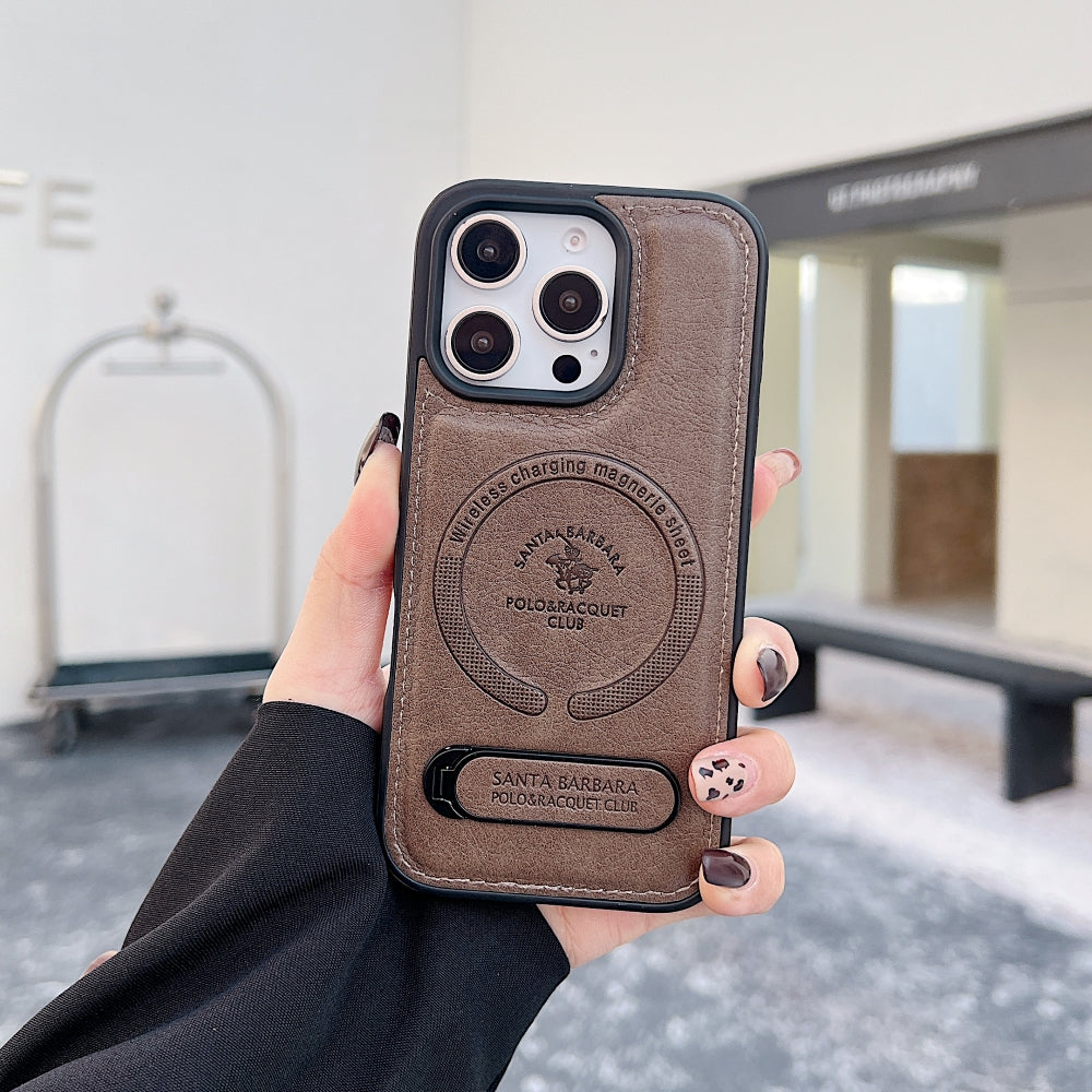 Wireless Charging PU Leather Rugged Kickstand Phone Case - iPhone 15