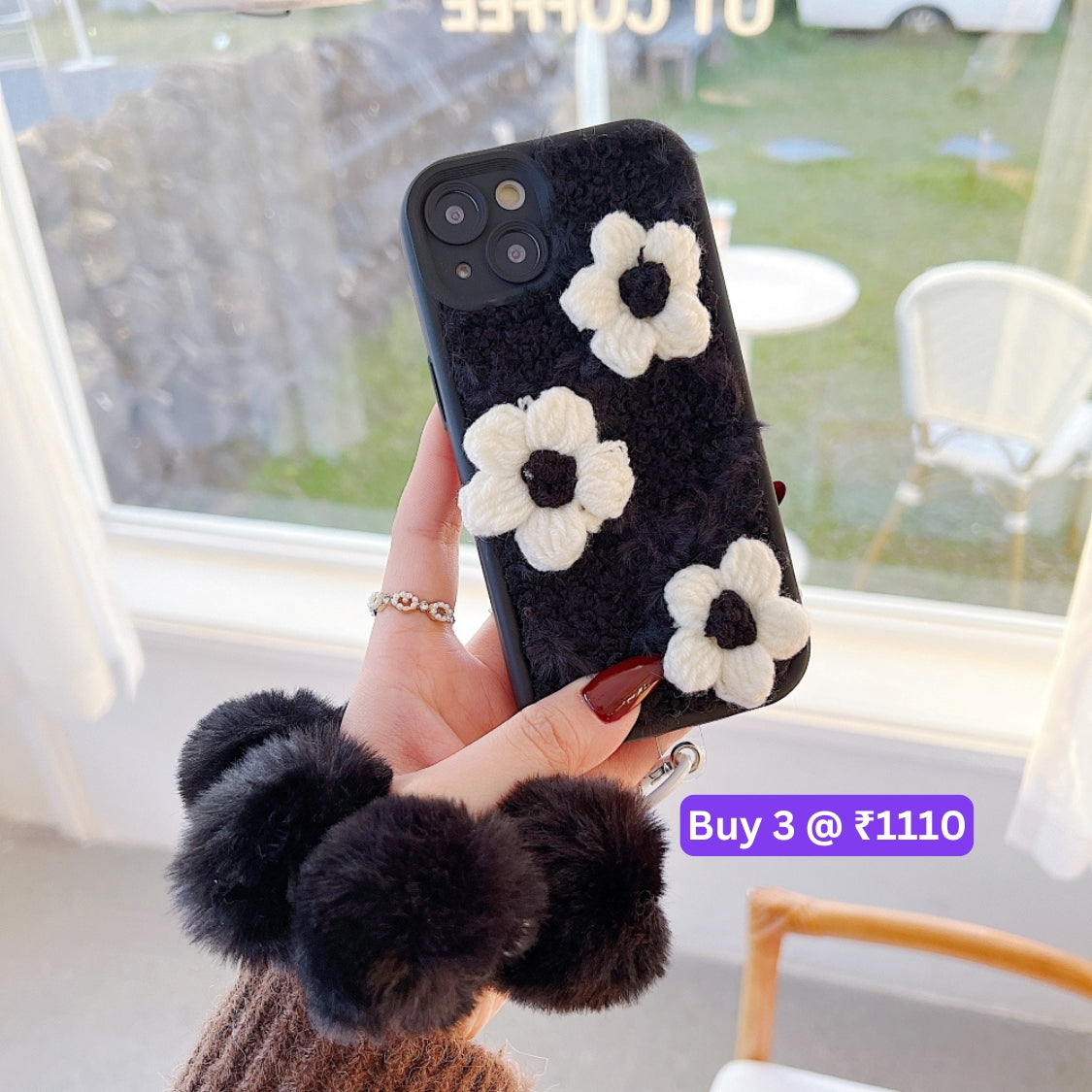 Woolen Flower Furry TPU (Soft) Camera Protection Phone Case with Bracelet - iPhone 15