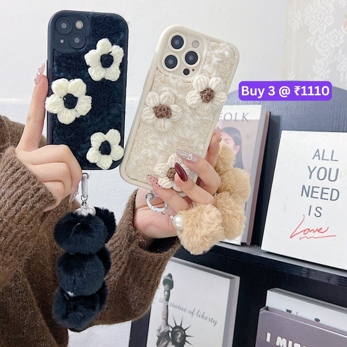 Woolen Flower Furry TPU (Soft) Camera Protection Phone Case with Bracelet - iPhone 14 Pro