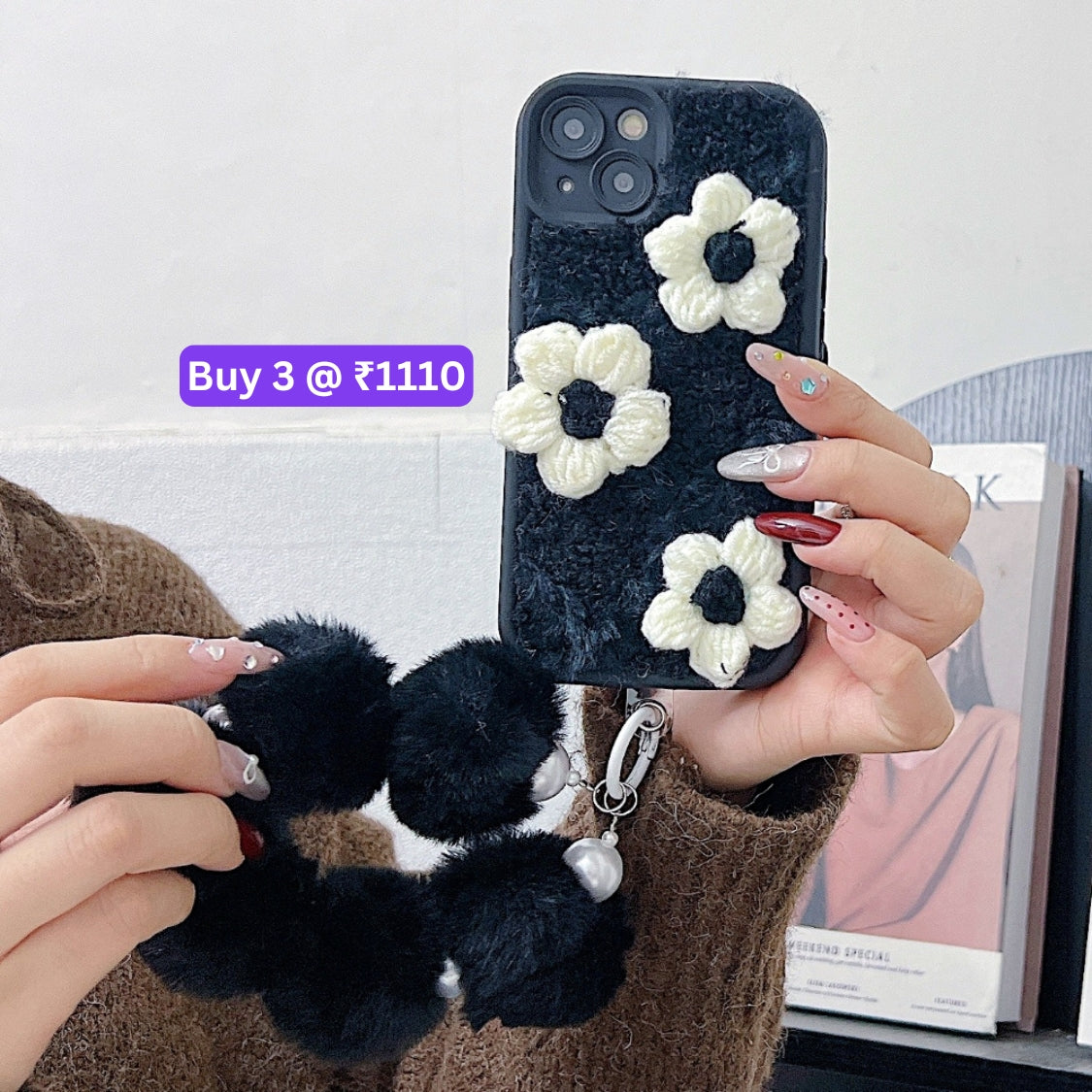 Woolen Flower Furry TPU (Soft) Camera Protection Phone Case with Bracelet - iPhone 15