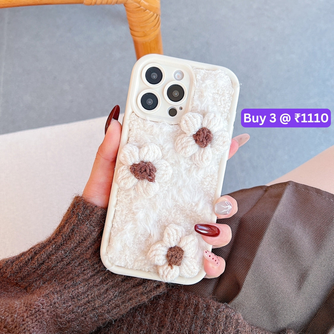 Woolen Flower Furry TPU (Soft) Camera Protection Phone Case with Bracelet - iPhone 15