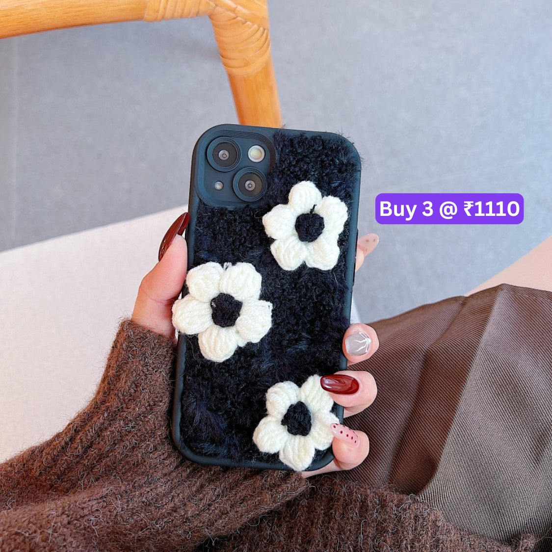 Woolen Flower Furry TPU (Soft) Camera Protection Phone Case with Bracelet - iPhone 15