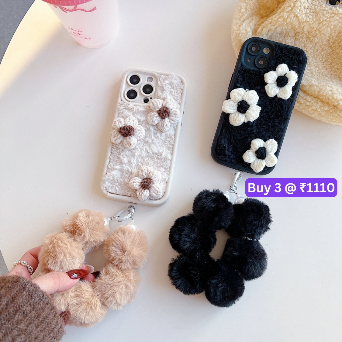 Woolen Flower Furry TPU (Soft) Camera Protection Phone Case with Bracelet - iPhone 15