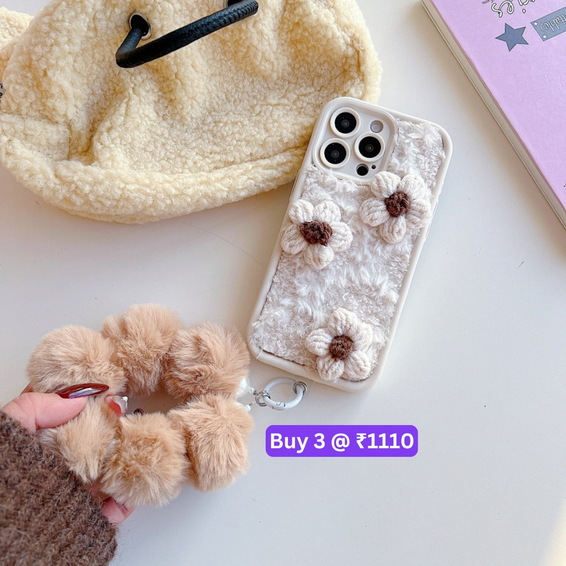 Woolen Flower Furry TPU (Soft) Camera Protection Phone Case with Bracelet - iPhone 15