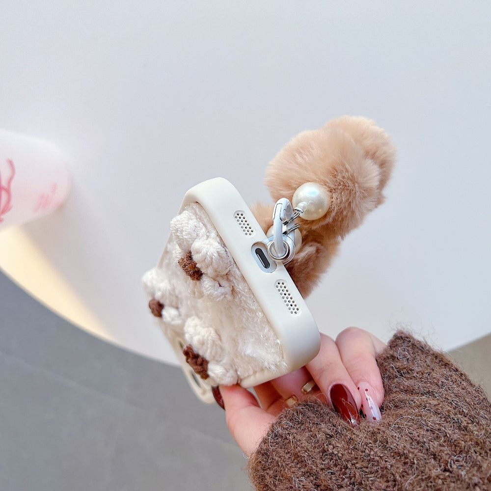 Woolen Flower Furry TPU (Soft) Camera Protection Phone Case with Bracelet - iPhone 15 Pro Max